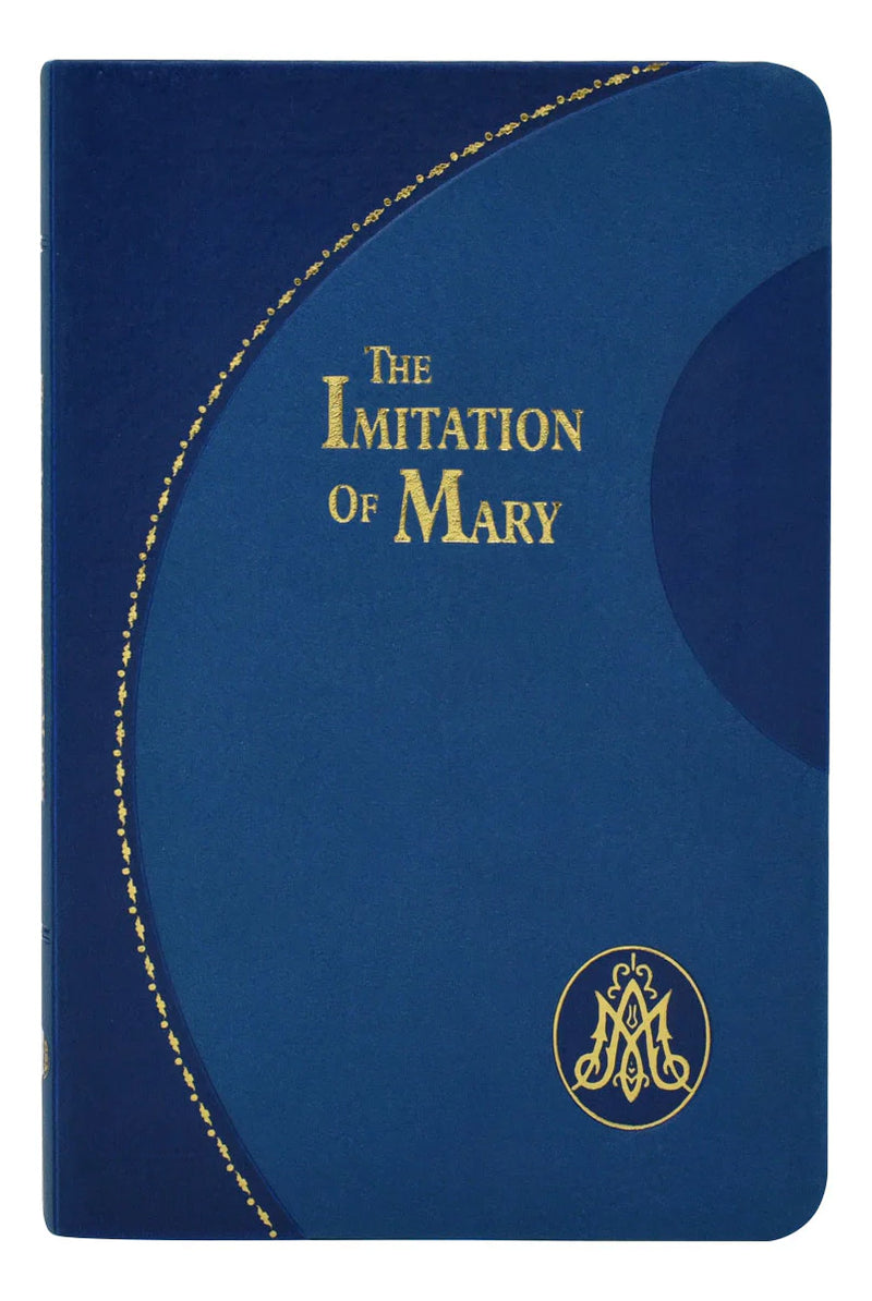 Blue book cover of 'The Imitation of Mary' with gold text and emblem.