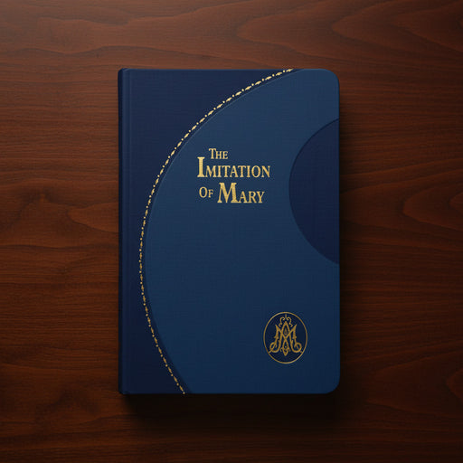 Blue book titled 'The Imitation of Mary' on a wooden surface