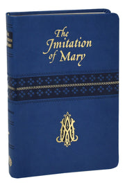 Blue book cover of 'The Imitation of Mary' with gold text and design.