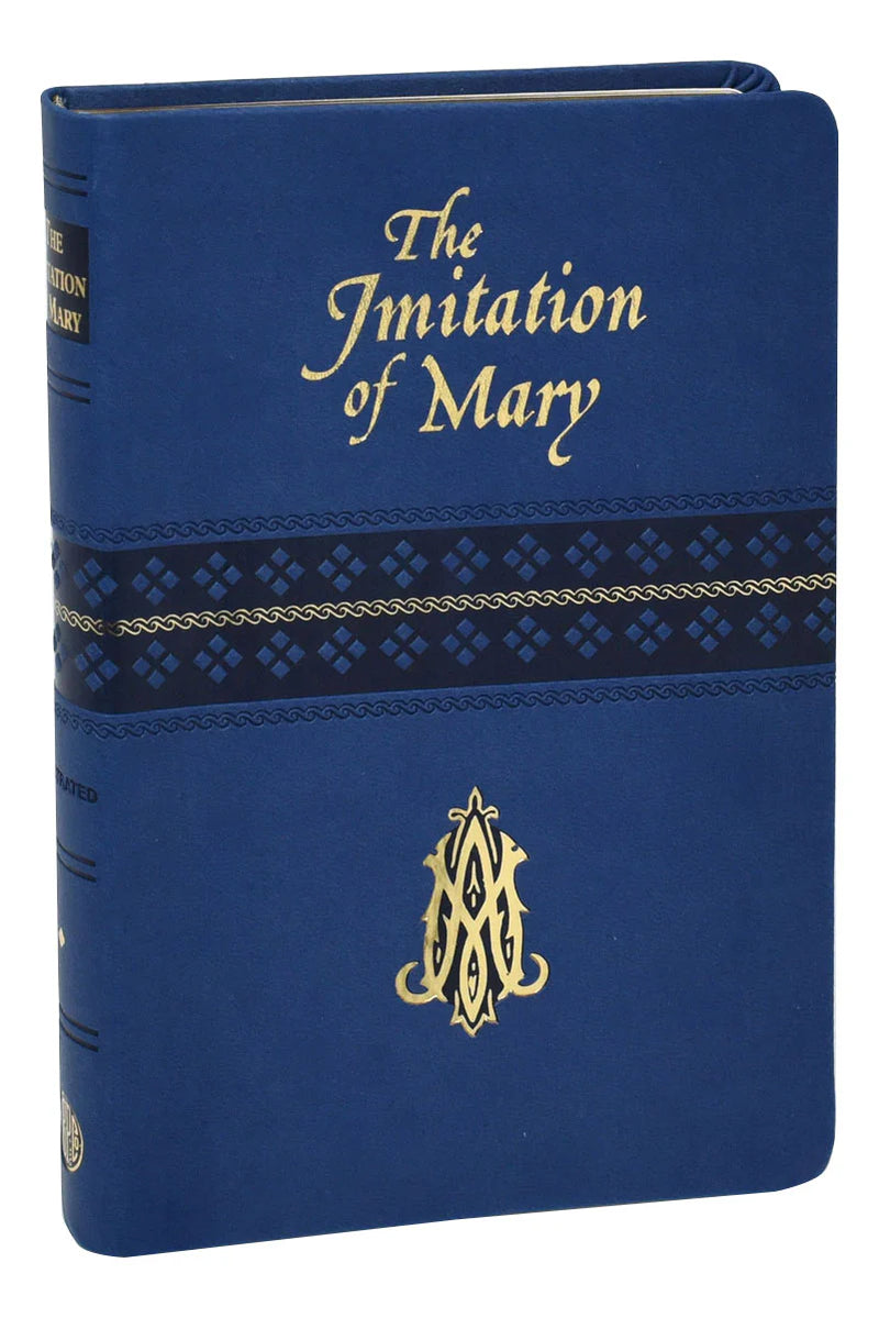 Blue book cover of 'The Imitation of Mary' with gold text and design.