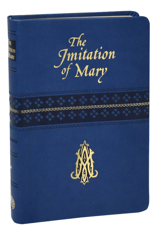 Blue book cover of 'The Imitation of Mary' with gold text and design.