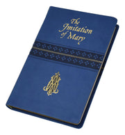 Blue book titled 'The Imitation of Mary' with gold text and design on a white background