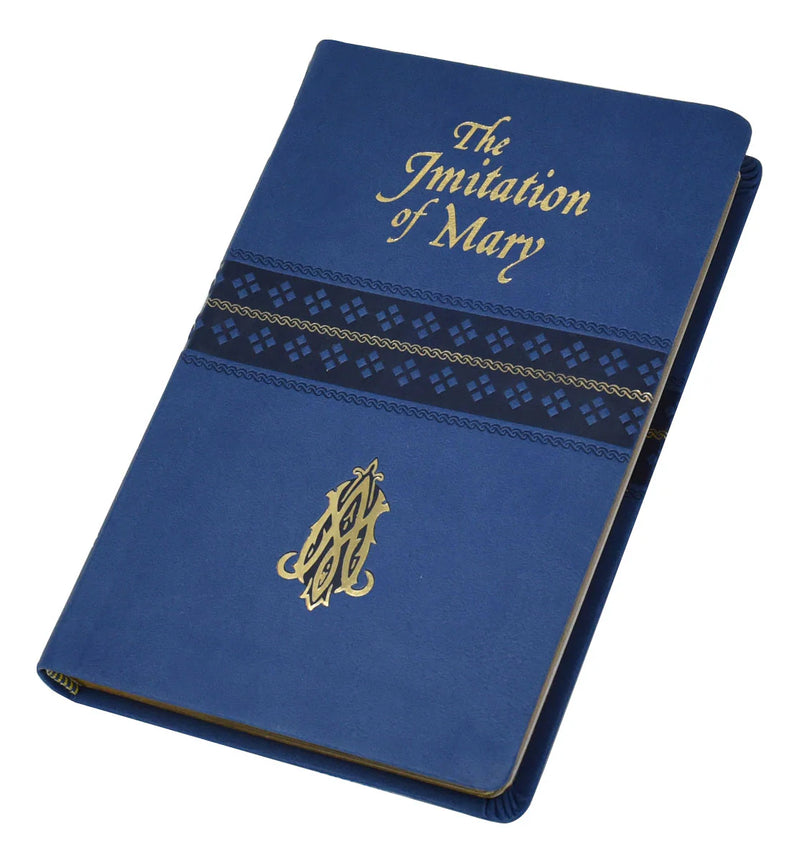 Blue book titled 'The Imitation of Mary' with gold text and design on a white background
