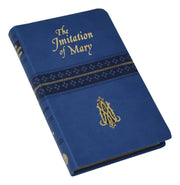 Blue book titled 'The Imitation of Mary' with gold text and design on a white background