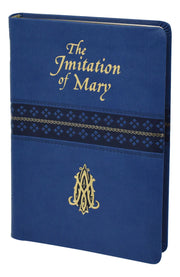 Blue book cover of 'The Imitation of Mary' with gold text and design.