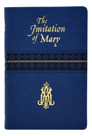 Blue book cover with 'The Imitation of Mary' text and decorative elements