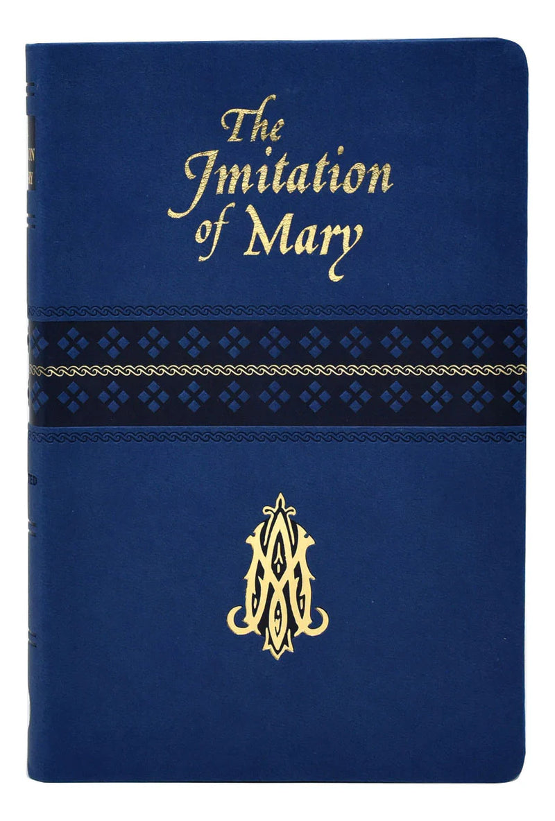 Blue book cover with 'The Imitation of Mary' text and decorative elements