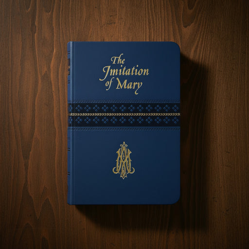 Blue book titled 'The Imitation of Mary' on a wooden surface