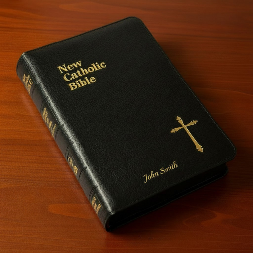 Black New Catholic Bible with gold text and cross on a wooden surface
