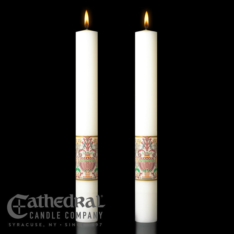 Investiture matching complementing altar candle, sold as a pair by Cathedral