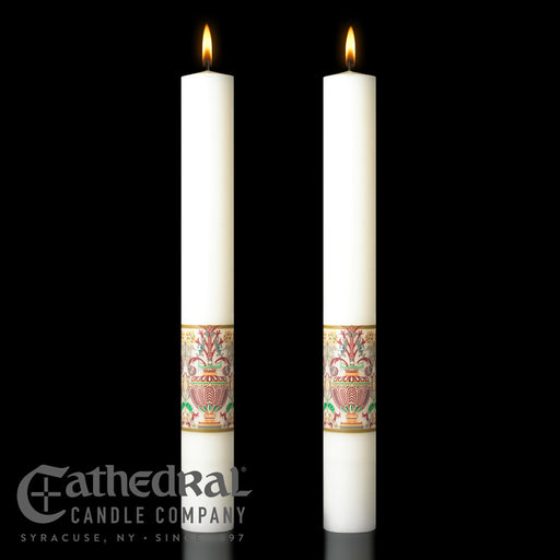 Investiture matching complementing altar candle, sold as a pair by Cathedral