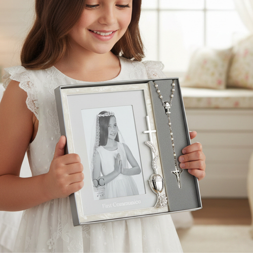 Young girl holding a First Communion boxed picture frame for a 4x6 inch photo and a rosary.