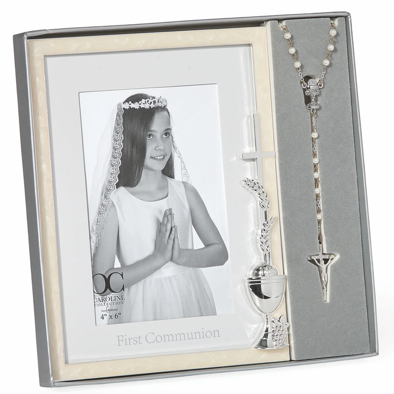 First Communion picture frame for a 4x6 inch size photo with a rosary.