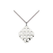 Silver necklace with a geometric pendant on a white background