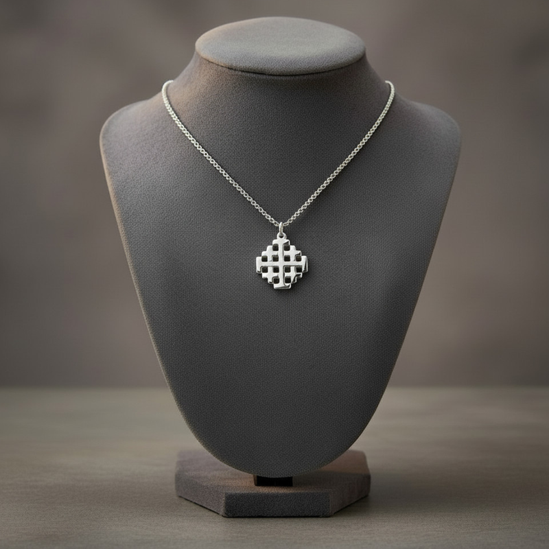 Silver necklace with a geometric pendant on a gray bust against a gray background