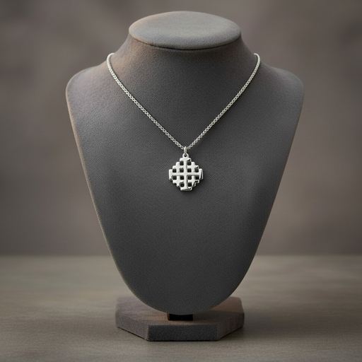 Silver necklace with a geometric pendant on a gray bust against a gray background