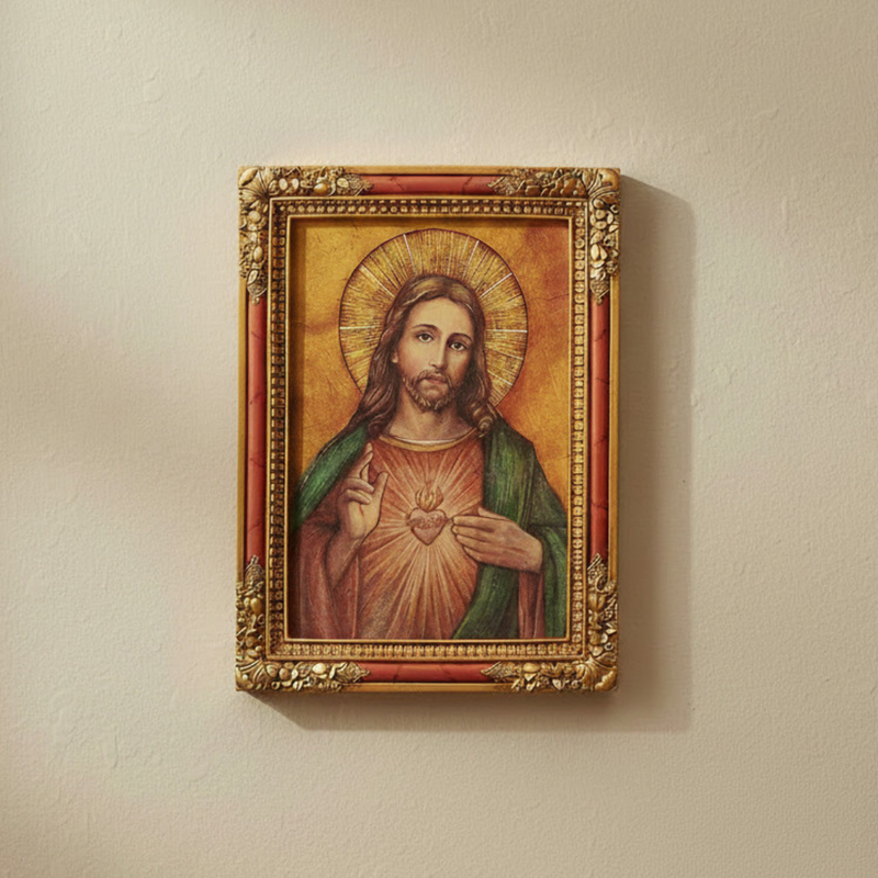 Framed artwork of the Sacred Heart of Jesus with a gold frame on a beige wall