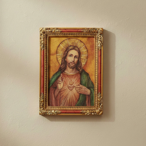Framed artwork of the Sacred Heart of Jesus with a gold frame on a beige wall