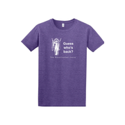Purple t-shirt with a Jesus graphic and text reading 'Guess who's back?' on a white background