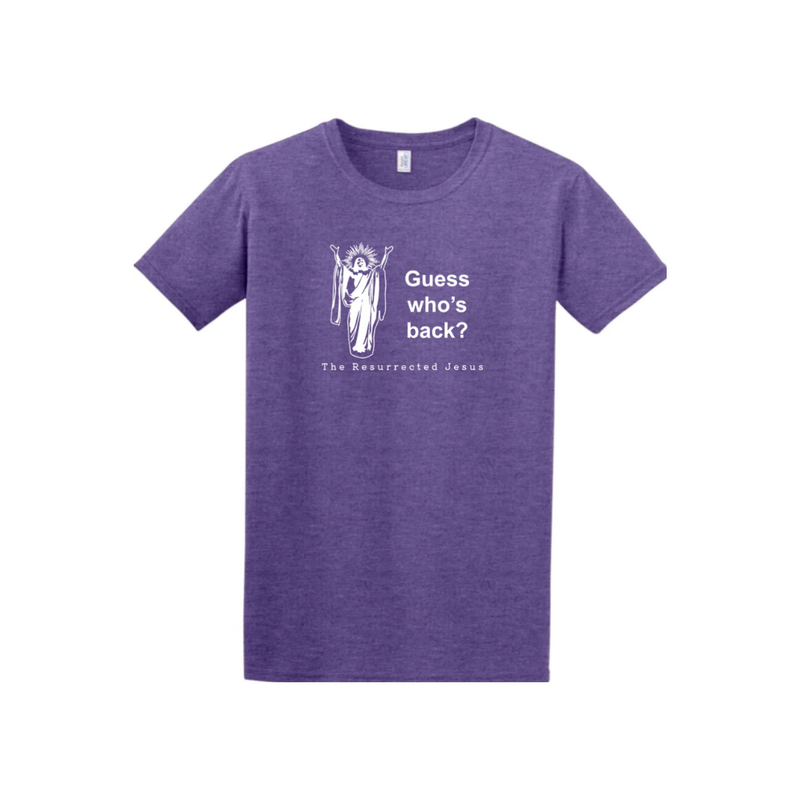 Purple t-shirt with a Jesus graphic and text reading 'Guess who's back?' on a white background