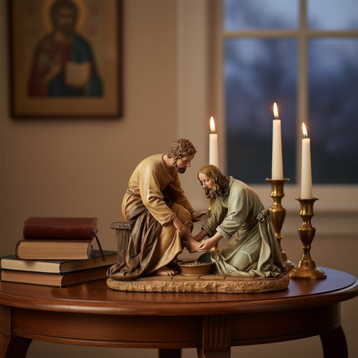 Statue of Jesus washing His Apostle's feet on a wood table in a dimly lit room.