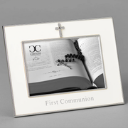 White and silver First Communion picture frame for a 4x6 inch size photo on a gray background.