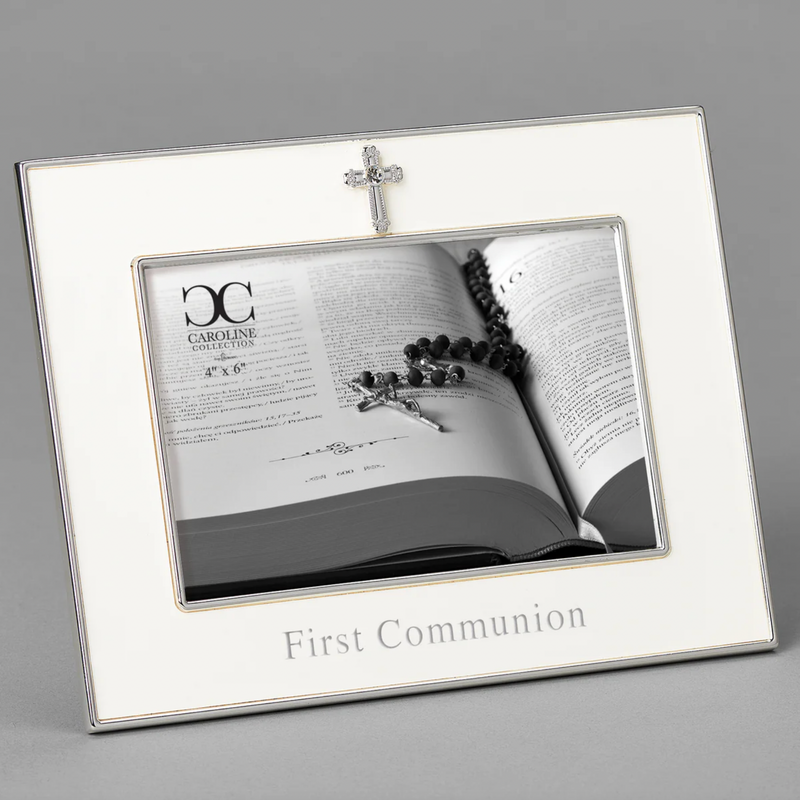 White and silver First Communion picture frame for a 4x6 inch size photo on a gray background.