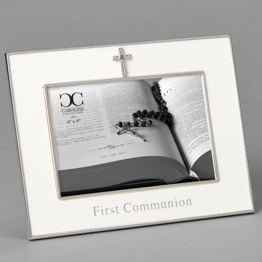 White and silver First Communion picture frame for a 4x6 inch size photo on a gray background.