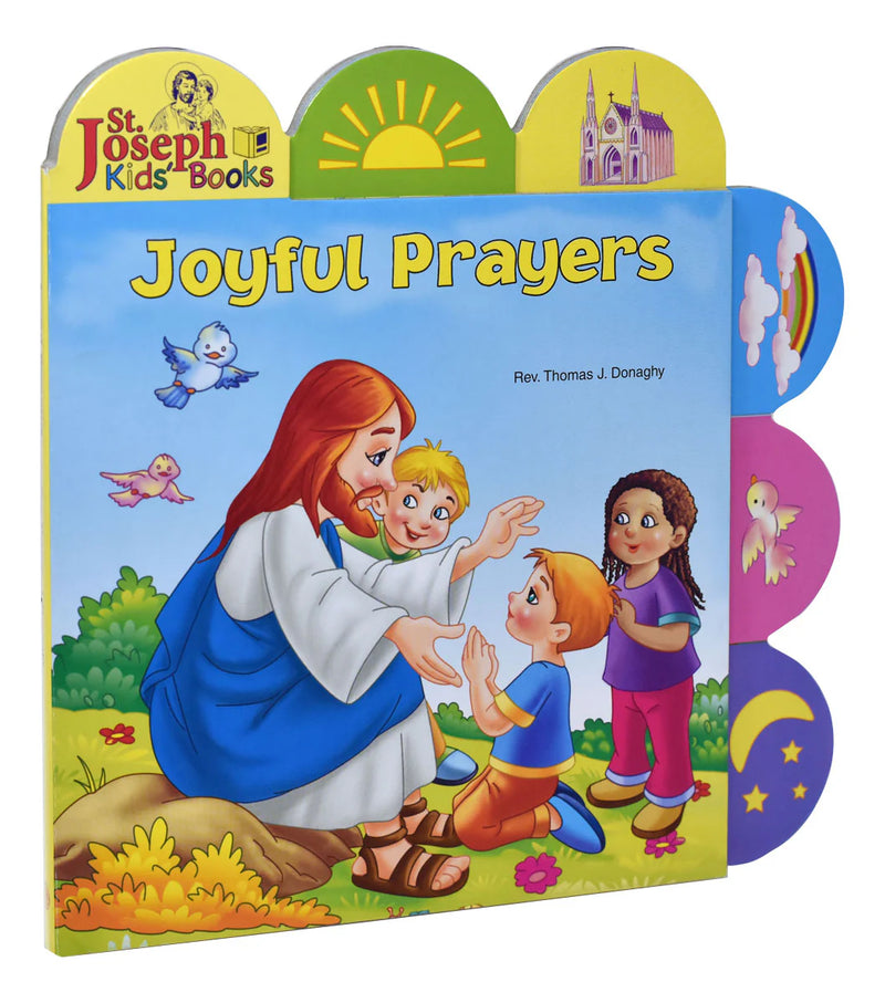 Children's book titled 'Joyful Prayers' by St. Joseph Kids Books with illustrations of a woman and children outdoors.