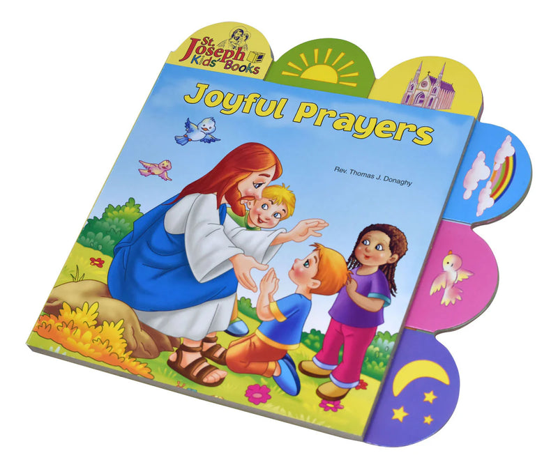Children's book titled 'Joyful Prayers' with colorful illustrations on a white background