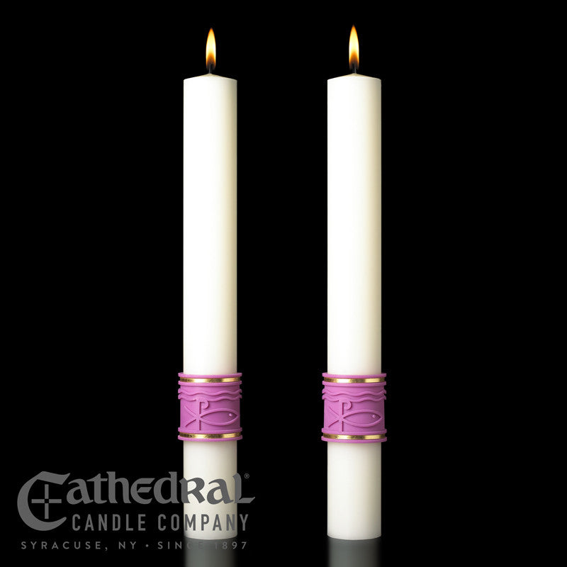 Jubilation matching complementing altar candle, sold as a pair by Cathedral