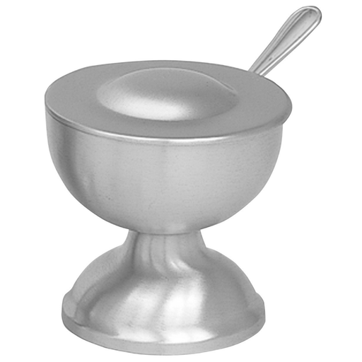A polished silver metal pedestal bowl with a matching lid and a small spoon resting inside, shown against a plain white background.