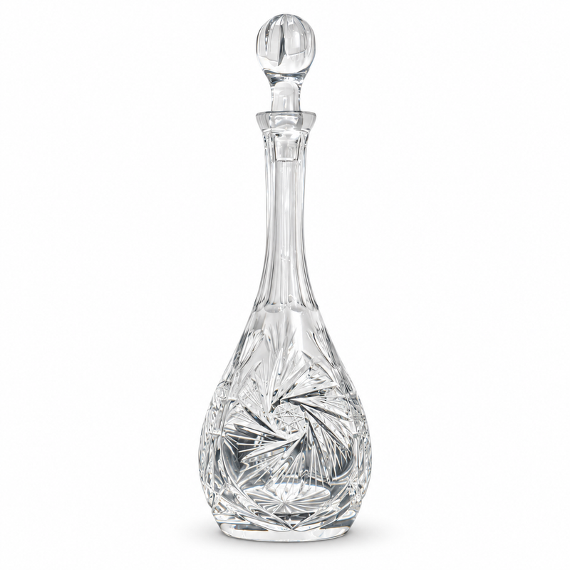 K947 hand-cut Polish crystal Communion flagon with matching crystal stopper on a white background
