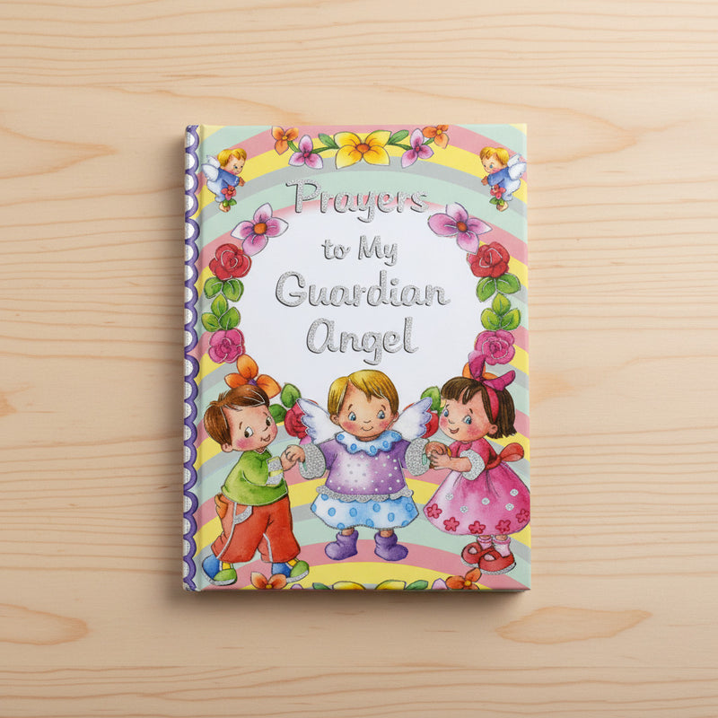 Children's book titled 'Prayers to My Guardian Angel' on a wooden surface