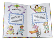 Open book with illustrations of cute child angels and text on a white background