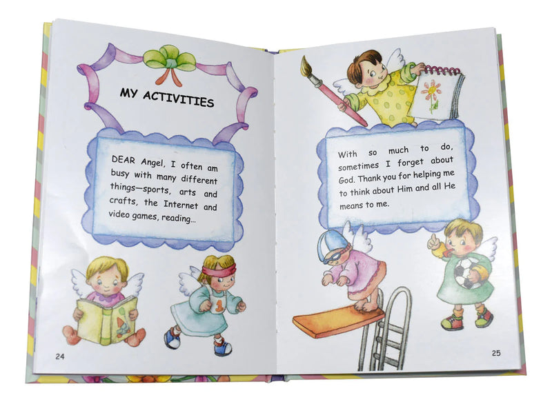 Open book with illustrations of cute child angels and text on a white background