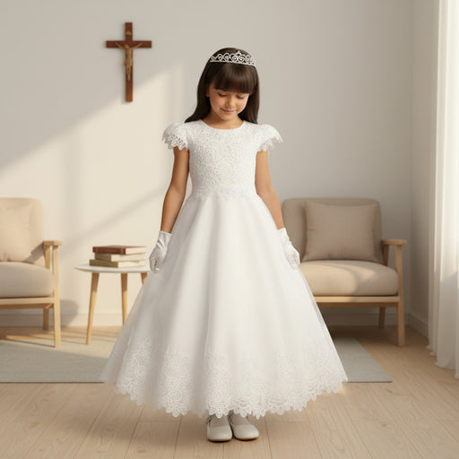 Young girl in a white lace First Communion dress with a tiara in a softly lit room.