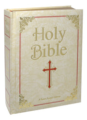 Large, beige Bible with gold and red detailing on a white background.