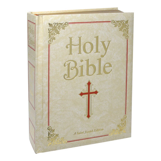 Large, beige Bible with gold and red detailing on a white background.