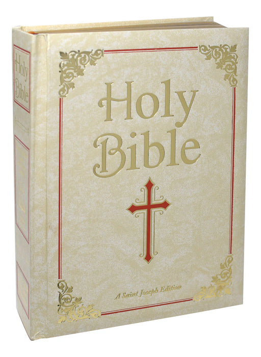 Large, beige Bible with gold and red detailing on a white background.