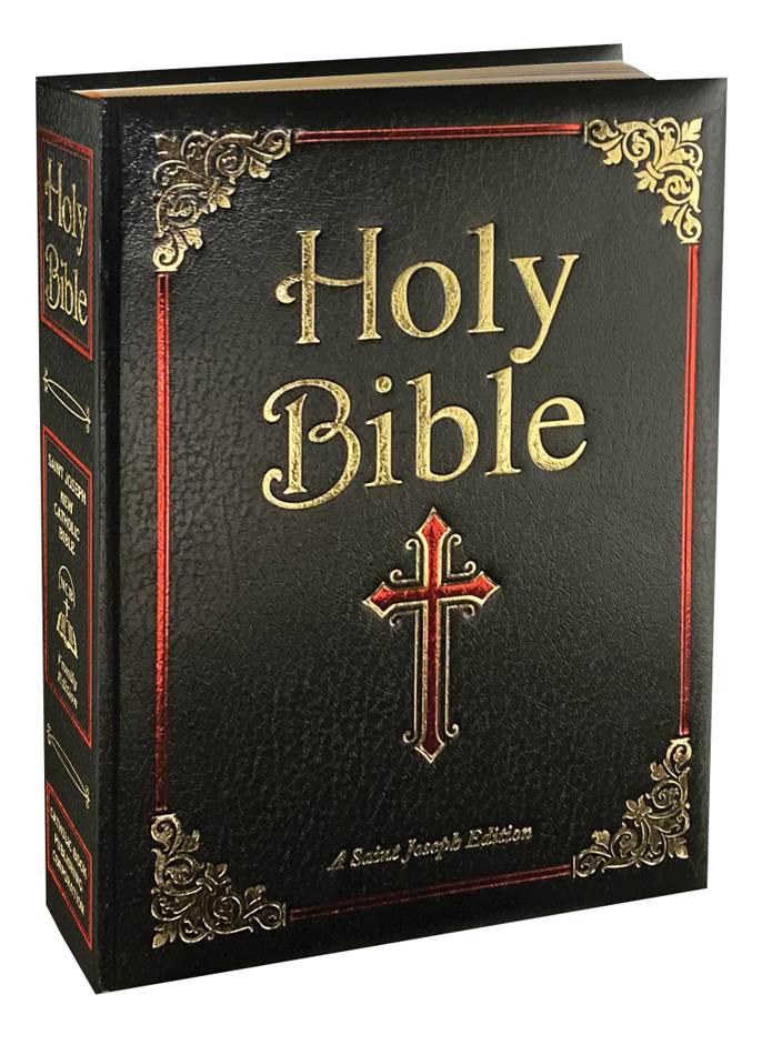 Large, black Bible with gold and red details on a white background