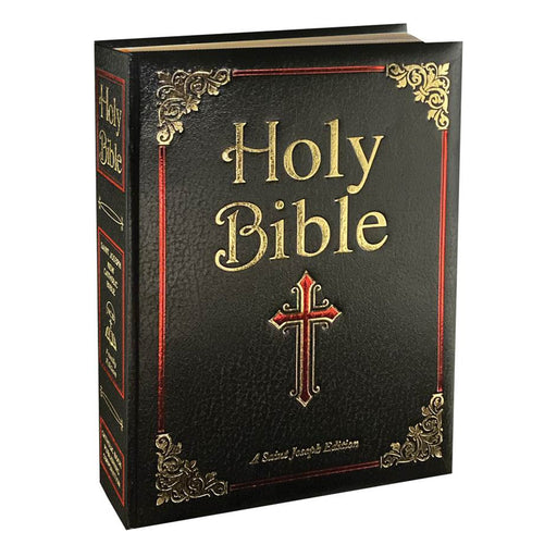 Large, black Bible with gold and red details on a white background
