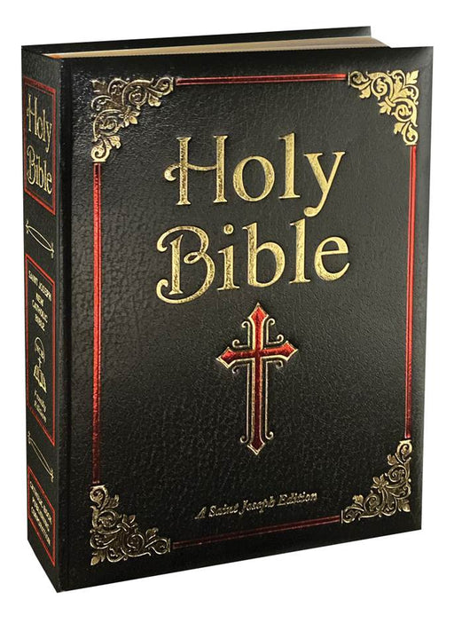 Large, black Bible with gold and red details on a white background