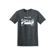 Gray t-shirt with a graphic design of Jesus and the Apostles at the Last Supper and text 'Sup, y'all' on a white background