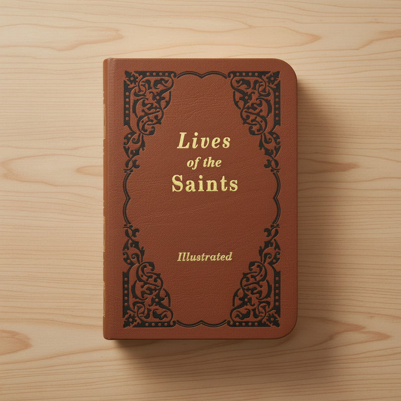Brown book titled 'Lives of the Saints' on a wooden surface