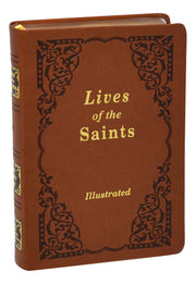 Brown book titled 'Lives of the Saints Illustrated' with decorative cover