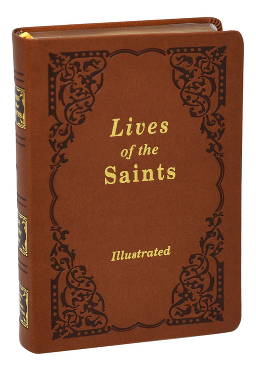 Brown book titled 'Lives of the Saints Illustrated' with decorative cover