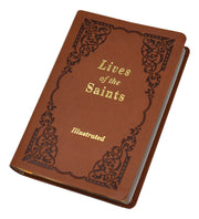 Brown book titled 'Lives of the Saints' with decorative cover on a white background