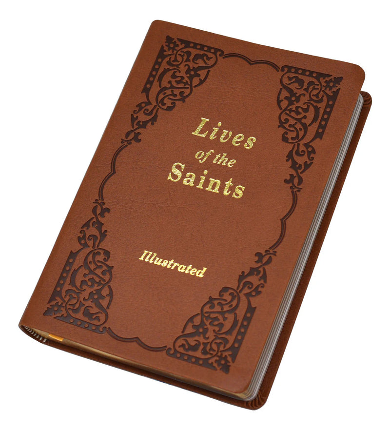 Brown book titled 'Lives of the Saints' with decorative cover on a white background