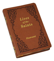 Brown book titled 'Lives of the Saints' with decorative cover on a white background